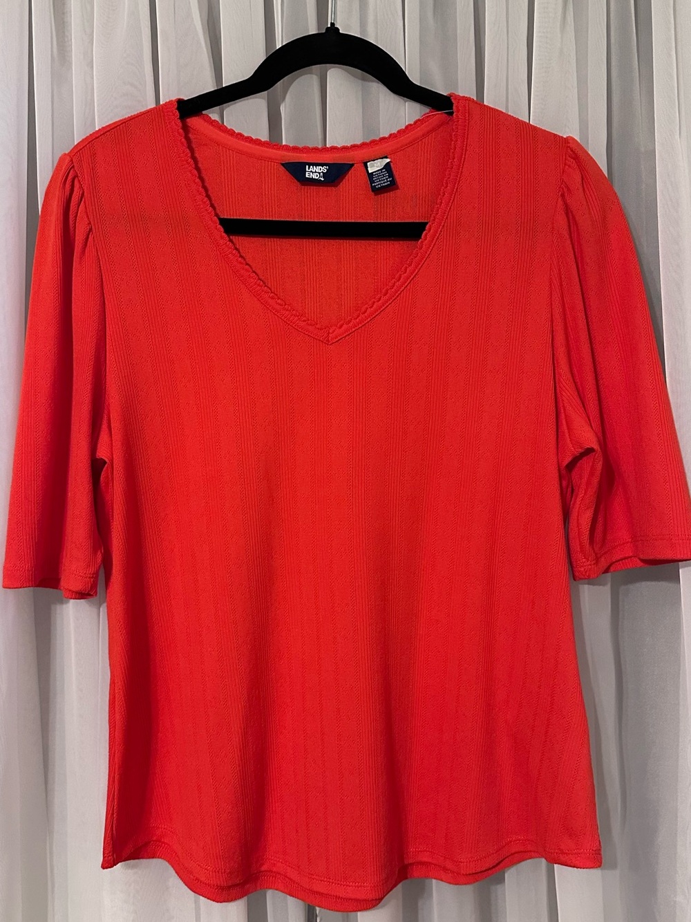 Lands' End Red V-Neck Pointelle Half Sleeve Top